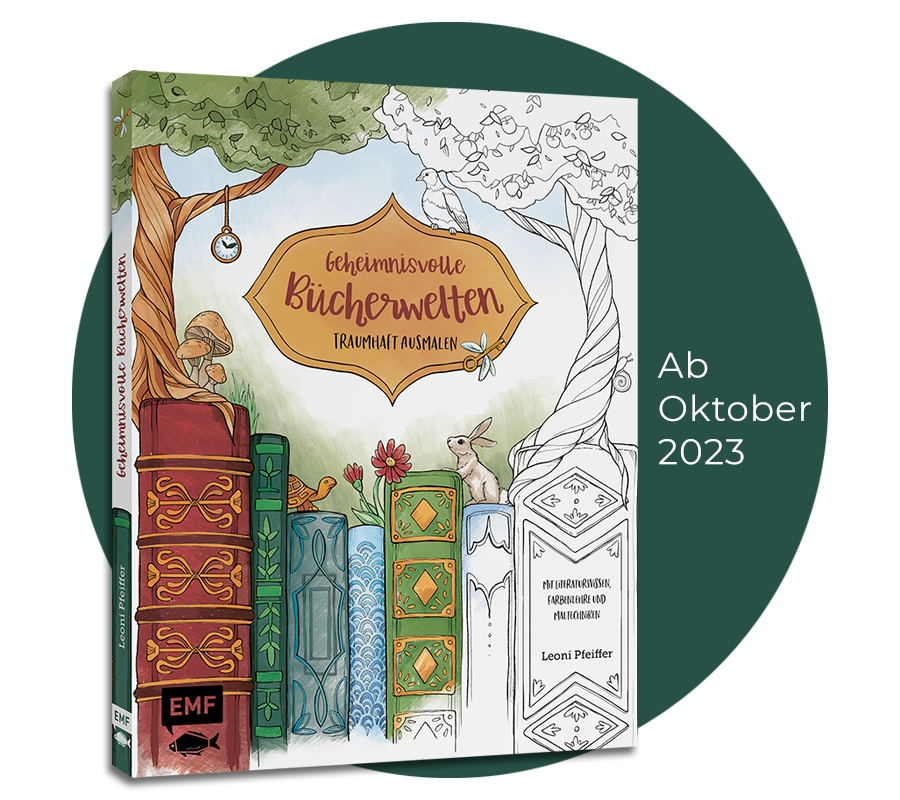 "Geheimnisvolle Bücherwelten" Ausmalbuch für Erwachsene von Leoni Pfeiffer, erscheint im Oktober 2023 im EMF Verlag